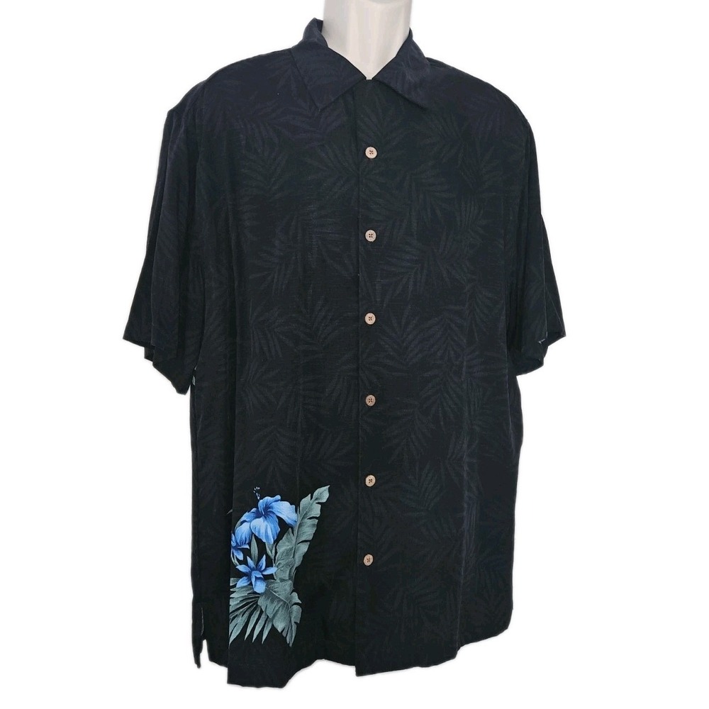 Havana Jacks Cafe Black Button Down Hawaiian Floral‎ Print Collared Shirt Mens L
